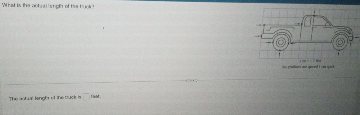 What is the actual length of the truck?
The gridlines are spaced 1 cm apart
The actual length of the truck is □ feet.