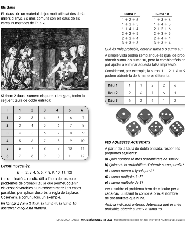 Els daus
Els daus són un material de joc molt utilitzat des de fa Suma 9 Suma 10
milers d'anys. Els més comuns són els daus de sis
1+2+6 1+3+6
cares, numerades de l’1 al 6.
1+3+5 1+4+5
1+4+4 2+2+6
2+2+5 2+3+5
2+3+4 2+4+4
3+3+3 3+3+4
Què és més probable, obtenir suma 9 o suma 10?
A simple vista podria semblar que és igual de prob
obtenir suma 9 o suma 10, però la combinatòria en
pot ajudar a eliminar aquesta falsa impressió.
Considerant, per exemple, la suma: 1+2+6=9
podem obtenir-la de 6 maneres diferents:
Si tirem 2 daus i sumem els punts obtinguts, tenim la
següent taula de doble entrada: 
FES AQUESTES ACTIVITATS
A partir de la taula de doble entrada, respon les
preguntes següents:
a) Quin nombre té més probabilitats de sortir?
L'espai mostral és: b) Quina és la probabilitat d’obtenir suma parella?
E= 2,3,4,5,6,7,8,9,10,11,12
c) I suma menor o igual que 3?
La combinatòria resulta útil a l’hora de resoldre d) I suma múltiple de 5?
problemes de probabilitat, ja que permet obtenir e) I suma múltiple de 3?
els casos favorables a un esdeveniment i els casos Per resoldre el problema hem de calcular per a
possibles, per aplicar després la regla de Laplace. cada cas, utilitzant la combinatòria, el nombre
Observa’n, a continuació, un exemple. de possibilitats que hi ha.
En llançar a l’aire 3 daus, la suma 9 i la suma 10 Amb la indicació anterior, determina què és més
apareixen d’aquesta manera. probable, obtenir suma 9 o suma 10.
DIA A DIA A L'AULA MATΕΜÂTIQUES 4t ESO Material fotocopiable © Grup Promotor / Santillana Educacić