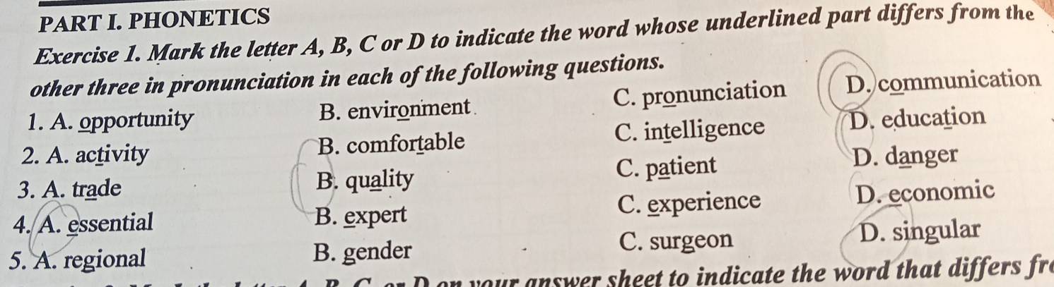 PHONETICS
Exercise 1. Mark the letter A, B, C or D to indicate the word whose underlined part differs from the
other three in pronunciation in each of the following questions.
1. A. opportunity B. environment C. pronunciation D. communication
2. A. activity B. comfortable C. intelligence
D. education
3. A. trade B. quality C. patient
D. danger
4. A. essential B. expert C. experience D. economic
5. A. regional B. gender
C. surgeon D. singular
i you n swer sheet to indicate the word that differs fro