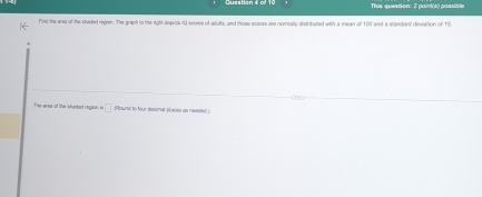 This quession: 2 paint(s) passible 
Fist the and at the staded regon. The graph in the right depots it somes of adults, and those scores zea nomully distributed with a inean of 100 and a standard desation of 15
The area of the shided region is □ [Rounc to four secimal plases as needed )