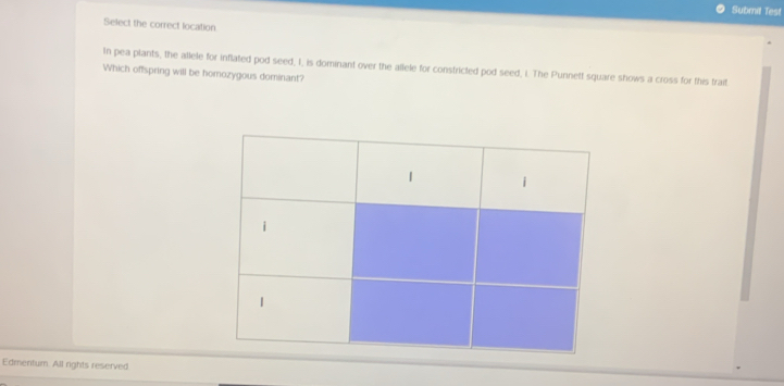 Submil Test 
Select the correct location 
In pea plants, the allele for inflated pod seed, I, is dominant over the allele for constricted pod seed, i. The Punnett square shows a cross for this trait 
Which offspring will be homozygous dominant? 
Edmentum. All rights reserved