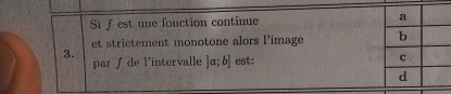 Si f est une fonction continue 
et strictement monotone alors l'image 
3. 
par ∫ de l'intervalle ]a;b] est: