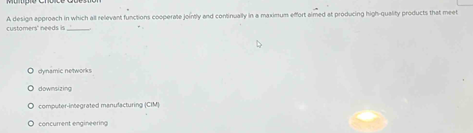 design approach in which all relevant functions cooperate jointly and continually in a maximum effort aimed at producing high-quality products that meet
customers' needs is_
dynamic networks
downsizing
computer-integrated manufacturing (CIM)
concurrent engineering