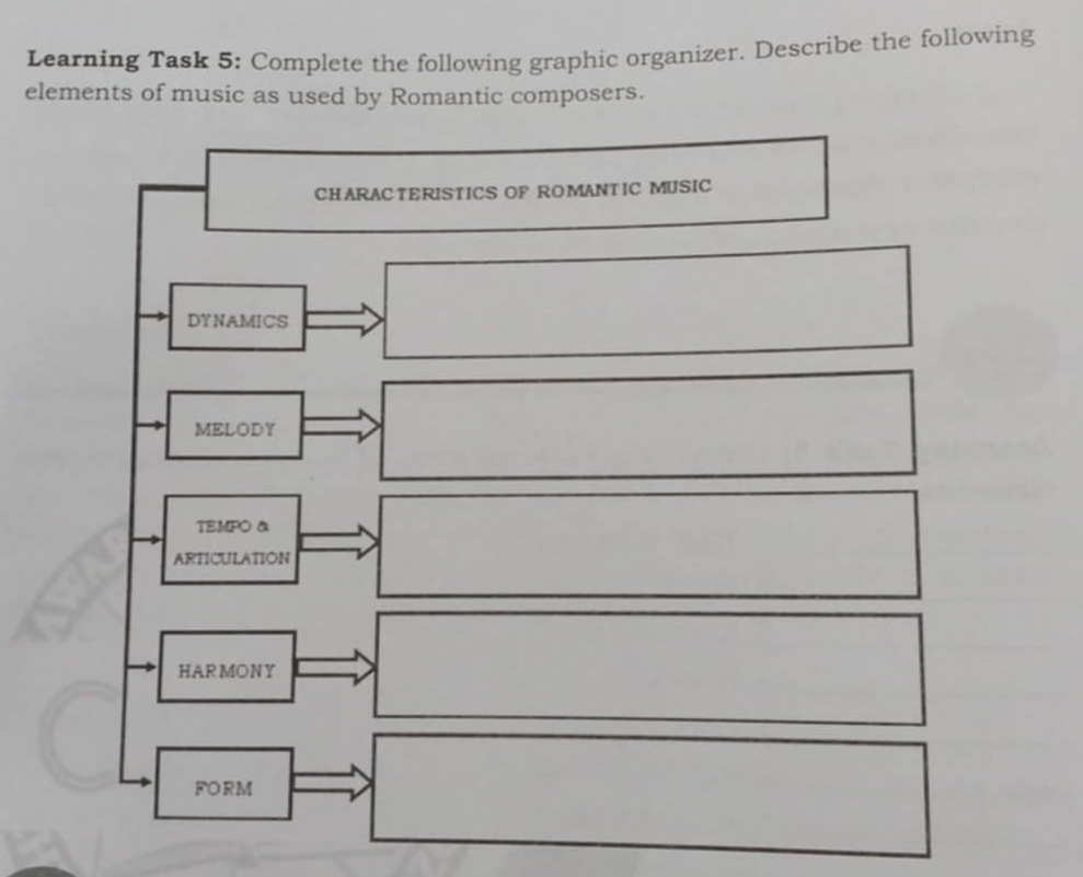 Learning Task 5: Complete the following graphic organizer. Describe the following
elements of music as used by Romantic composers.
CHARACTERISTICS OF ROMANTIC MUSIC
DYNAMICS
MELODY
TEMPO α
ARTICULATION
HAR MONY
FORM