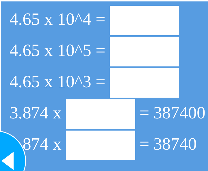 4.65* 10^(wedge)4=
4.65* 10^(wedge)5=
4.65* 10^(wedge)3=
3.874x
=387400
874x
=38740