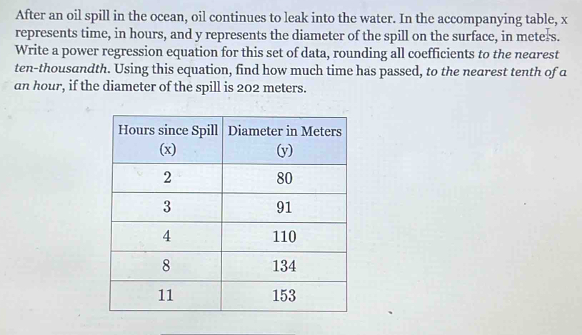 After an oil spill in the ocean, oil continues to leak into the water. In the accompanying table, x
represents time, in hours, and y represents the diameter of the spill on the surface, in meters. 
Write a power regression equation for this set of data, rounding all coefficients to the nearest 
ten-thousandth. Using this equation, find how much time has passed, to the nearest tenth of a
an hour, if the diameter of the spill is 202 meters.