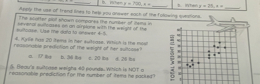 When y=700, x= _b. When y=25, x= _
Apply the use of trend lines to help you answer each of the following questions.
The scatter plot shown compares the number of items in
several suitcases on an airplane with the weight of the
50
suitcase. Use the data to answer 4-5.
45
40
4. Kylie has 20 items in her suitcase. Which is the most
35
reasonable prediction of the weight of her suitcase? 30
a. 17 lbs b. 36 lbs c. 20 lbs d. 26 lbs
25
20
5. Beau's suitcase weighs 40 pounds. Which is NOT a
15
reasonable prediction for the number of items he packed? 30
5