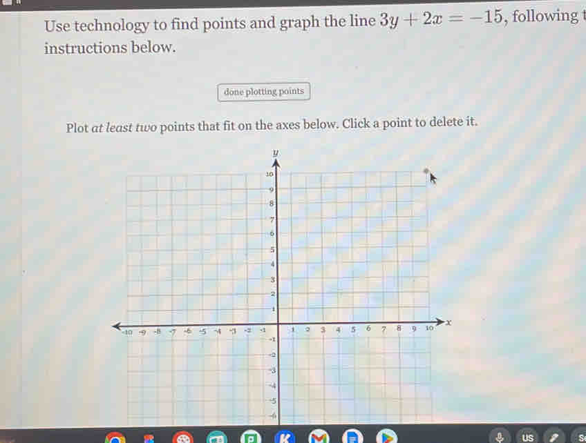 Use technology to find points and graph the line 3y+2x=-15 , following t 
instructions below. 
done plotting points 
Plot at least two points that fit on the axes below. Click a point to delete it.