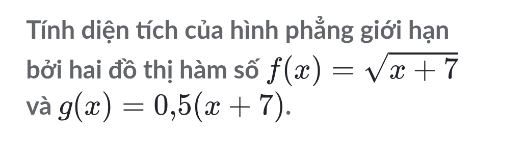 Tính diện tích của hình phẳng giới hạn 
bởi hai đồ thị hàm số f(x)=sqrt(x+7)
1 g(x)=0,5(x+7).