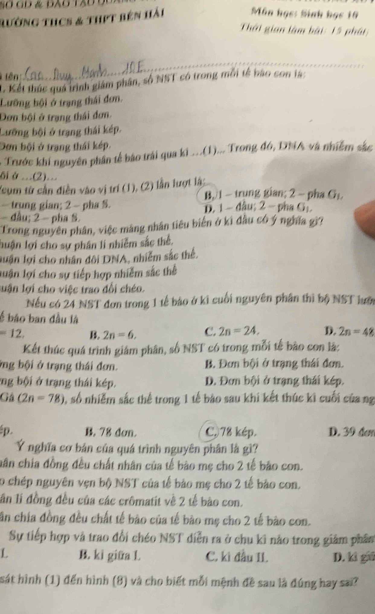 Nơ GD & Đão T ão đu
rường thCS & thPt bên hải
Mùn học: Sinh học 10
Thái gian làm bài: 15 phát;
1 lên:
_
1, Kết thúc quá trình giám phân, số NST có trong mỗi tế bào con là:
Lưỡng bội ở trạng thái đơn.
Dơn bội ở trạng thái đơn.
Lưỡng bội ở trạng thái kép.
Dơn bội ở trang thái kép.
5  Trước khí nguyên phân tế bào trải qua ki ...(1)... Trong đó, DNA và nhiễm sắc
δiθ...(2)...
Yeum từ cần điễn vào vị trí (1), (2) lần lượt lậ:
B, /1 - trung gian; 2 - pha G₁
- trung gian; 2 - pha S. D. 1 - đầu; 2 - pha Gị.
- đầu; 2 - pha §.
Trong nguyên phân, việc màng nhân tiêu biến ở kì đầu có ý nghĩa gì?
huận lợi cho sự phân li nhiễm sắc thể.
luận lợi cho nhân đôi DNA, nhiễm sắc thể.
luận lợi cho sự tiếp hợp nhiễm sắc thể
luận lợi cho việc trao đổi chéo.
Nếu có 24 NST đơn trong 1 tế bào ở ki cuối nguyên phân thì bộ NST lưới
ế bảo ban đầu là
=12,
B. 2n=6,
C. 2n=24, D. 2n=48
Kết thúc quá trình giám phân, số NST có trong mỗi tế bào con là:
ởng bội ở trạng thái đơn. B. Đơn bội ở trạng thái đơn.
ng bội ở trang thái kép. D. Đơn bội ở trạng thái kép.
Gả (2n=78) , số nhiễm sắc thể trong 1 tế bào sau khi kết thúc kì cuối của ng
ép. B. 78 đơn. C.78 kép. D. 39 đơn
Ý nghĩa cơ bản của quá trình nguyên phân là gì?
cân chía đồng đều chất nhân của tế bào mẹ cho 2 tế bảo con.
o chép nguyên vẹn bộ NST của tế bảo mẹ cho 2 tế bào con.
ần lí đồng đều của các crômatit về 2 tế bào con.
ân chía đồng đều chất tế bào của tế bào mẹ cho 2 tế bào con.
Sự tiếp hợp và trao đổi chéo NST diễn ra ở chu kì nào trong giảm phân
L B. ki giữa L C. kì đầu II D. ki gi
sát hình (1) đến hình (8) và cho biết mỗi mệnh đề sau là đúng hay sa?