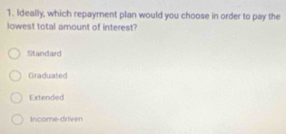 Ideally, which repayment plan would you choose in order to pay the
lowest total amount of interest?
Standard
Graduated
Extended
Income-driven