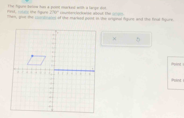 The figure below has a point marked with a large dot. 
First, rotate the figure 270° counterclockwise about the origin. 
Then, give the coordinates of the marked point in the original figure and the final figure. 
× 5 
Point I
Point