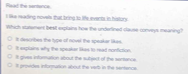 Read the sentence.
I like reading novels that bring to life events in history.
Which statement best explains how the underlined clause conveys meaning?
It describes the type of novel the speaker likes.
It explains why the speaker likes to read nonfiction.
It gives information about the subject of the sentence.
It provides information about the verb in the sentence.