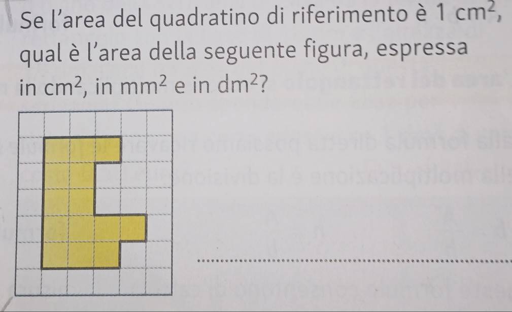 Se l'area del quadratino di riferimento è 1cm^2, 
qual è l’area della seguente figura, espressa 
in cm^2 , in mm^2 e in dm^2 7