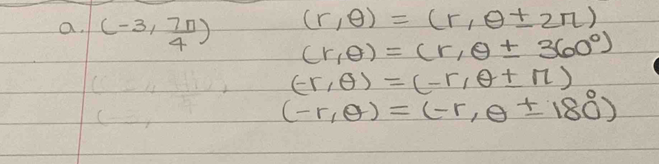 (-3, 7π /4 )
(r,θ )=(r,θ ± 2π )
(r,θ )=(r,θ ± 360°)
(-r,θ )=(-r,θ ± r)
(-r,θ )=(-r,θ ± 180°)