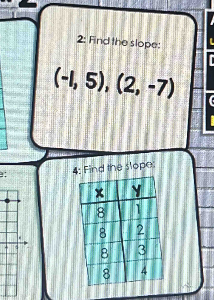 2: Find the slope:
(-1,5),(2,-7)
I 
: 
4: Find the slope: