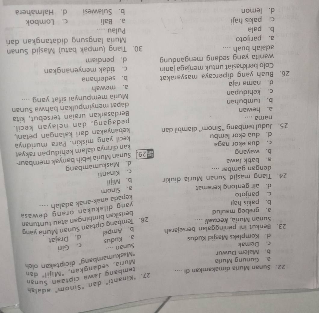 "Kinanti" dan "Sinom" adalah
Muria, sedangkan, "Mijil" dan
22. Sunan Muria dimakamkan di ....
tembang Jawa ciptaan Sunan
''Maskumambang" diciptakan oleh
a. Gunung Muria
b. Malem Duwur
c. Demak
Sunan ....
d. Kompleks Masjid Kudus
a. Kudus c. Giri
d. Drajat
23. Berikut ini peninggalan bersejarah b. Ampel
Sunan Muria, kecuali ....
28. Tembang ciptaan Sunan Muria yang
a. grebeg maulud
berisikan bimbingan atau tuntunan
b. pakis haji
yang dilakukan orang dewasa
c. parijoto
kepada anak-anak adalah ...
d. air gentong keramat
a. Sinom
24. Tiang masjid Sunan Muria diukir b. Mijil
dengan gambar ....
c. Kinanti
a. batik Jawa
d. Maskumambang
b. wayang
29. Sunan Muria lebih banyak membaur-
c. dua ekor naga
kan dirinya dalam kehidupan rakyat
d. dua ekor lembu
kecil yang miskin. Para muridnya
25. Judul tembang “Sinom” diambil dari
kebanyakan dari kalangan petani,
pedagang, dan nelayan kecil.
nama ....
Berdasarkan uraian tersebut, kita
a. hewan
b. tumbuhan
dapat menyimpulkan bahwa Sunan
c. kehidupan Muria mempunyai sifat yang ....
d. nama raja a. mewah
26. Buah yang dipercaya masyarakat b. sederhana
Colo berkhasiat untuk menjaga janin c. tidak menyenangkan
wanita yang sedang mengandung d. pendiam
adalah buah .... 30. Tiang (umpak batu) Masjid Sunan
a. parijoto Muria langsung didatangkan dari
b. pala
Pulau ....
c. pakis haji a. Bali c. Lombok
d. lemon b. Sulawesi d. Halmahera