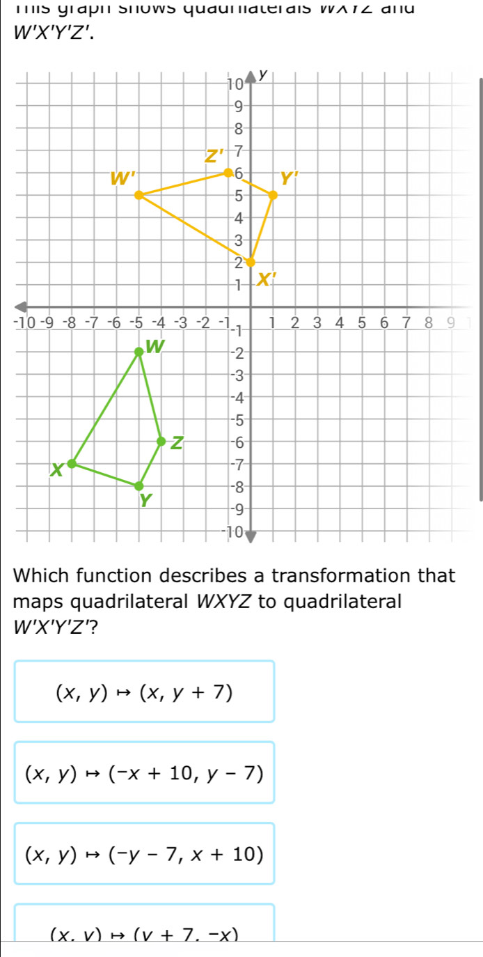 Tis graph Shows quauraterais W wedge I∠
W'X'Y'Z'.
Which function describes a transformation that
maps quadrilateral WXYZ to quadrilateral
W'X'Y'Z' ?
(x,y)to (x,y+7)
(x,y)to (-x+10,y-7)
(x,y)to (-y-7,x+10)
(x,v)rightarrow (v+7,-x)