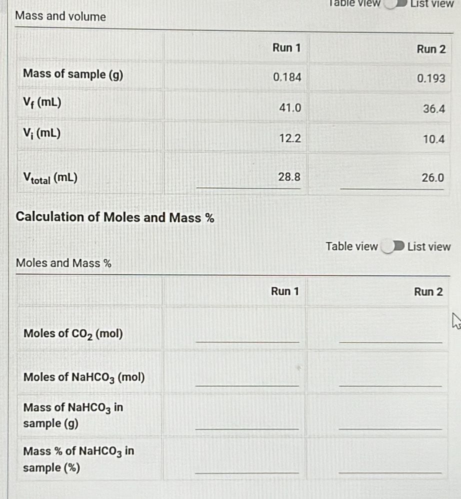 Table View List view
Mass and volume
Calculation of Moles and Mass %
Table view List view