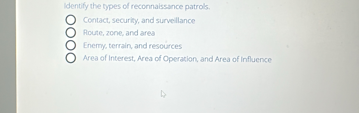 Solved: Identify the types of reconnaissance patrols. Contact, security ...