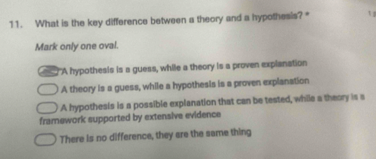 What is the key difference between a theory and a hypothesis? * t 
Mark only one oval.
"A hypothesis is a guess, while a theory is a proven explanation
A theory is a guess, while a hypothesis is a proven explanation
A hypothesis is a possible explanation that can be tested, while a theory is a
framework supported by extensive evidence
There is no difference, they are the same thing