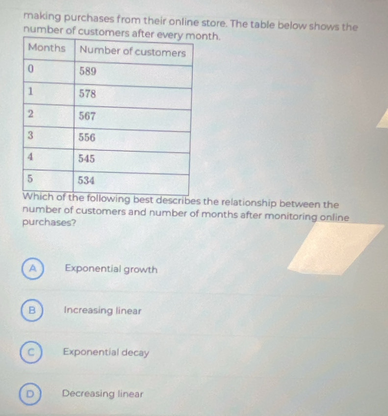 making purchases from their online store. The table below shows the
number of custonth.
cribes the relationship between the
number of customers and number of months after monitoring online
purchases?
A Exponential growth
B Increasing linear
C Exponential decay
D Decreasing linear