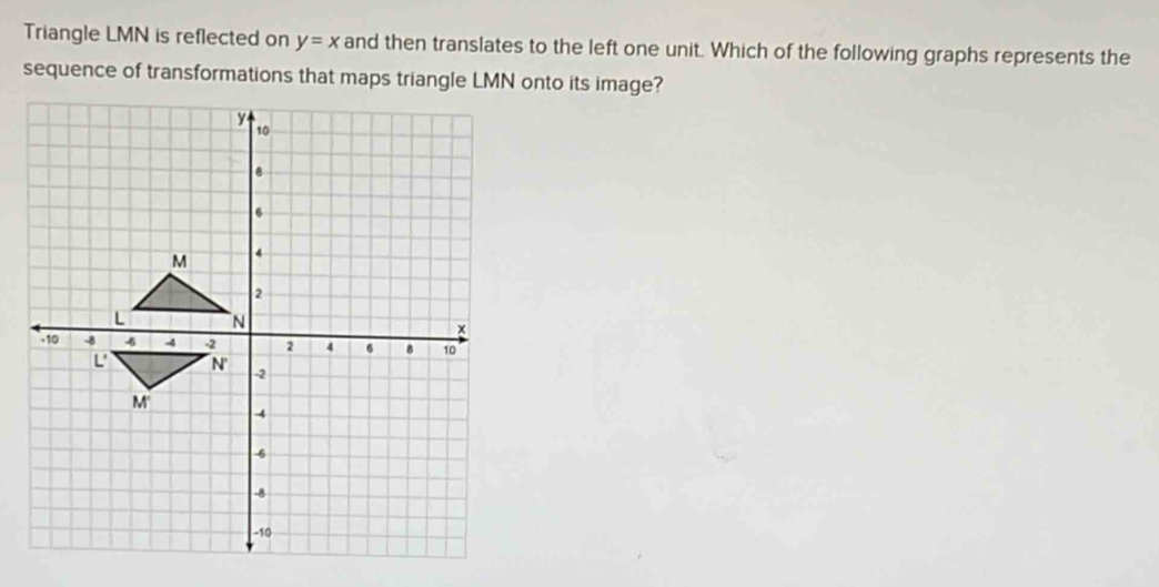 Triangle LMN is reflected on y=x and then translates to the left one unit. Which of the following graphs represents the