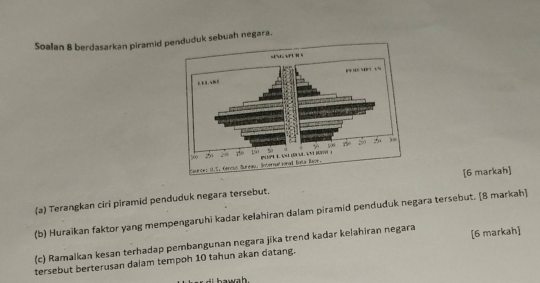 Soalan 8 berdasarkan piramid puk sebuah negara. 
[6 markah] 
(a) Terangkan ciri piramid penduduk negara tersebut. 
(b) Huraikan faktor yang mempengaruhi kadar kelahiran dalam piramid penduduk negara tersebut. [8 markah] 
(c) Ramalkan kesan terhadap pembangunan negara jika trend kadar kelahiran negara 
tersebut berterusan dalam tempoh 10 tahun akan datang. [6 markah] 
b w h .