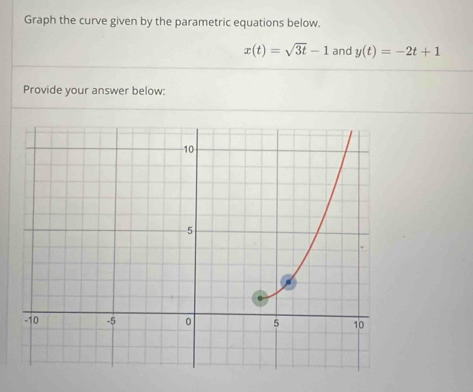 Graph the curve given by the parametric equations below.
x(t)=sqrt(3t)-1 and y(t)=-2t+1
Provide your answer below: