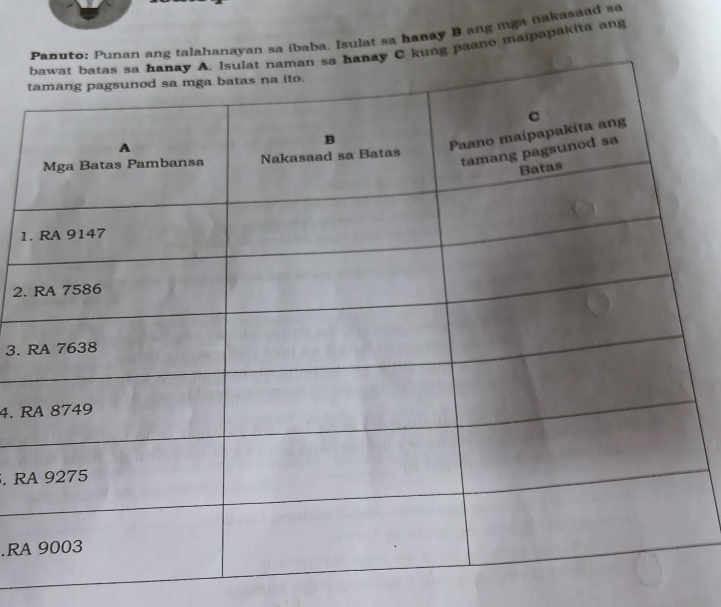 talahanayan sa ibaba. Isulat sa hanay B ang mga nakasaad sa 
ung paano maipapakita ang 
1 
2. 
3. 
4. R. R.RA