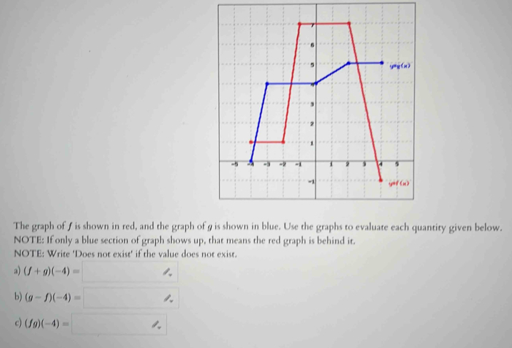 The graph of f is shown in red, and the graph of g is shown in blue. Use the graphs to evaluate each quantity given below. 
NOTE: If only a blue section of graph shows up, that means the red graph is behind it. 
NOTE: Write 'Does not exist' if the value does not exist. 
a) (f+g)(-4)=□
b) (g-f)(-4)=□
c) (fg)(-4)=□