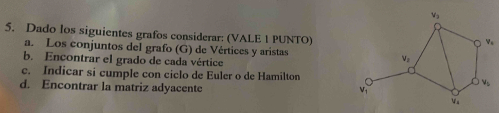 Dado los siguientes grafos considerar: (VALE 1 PUNTO)
a. Los conjuntos del grafo (G) de Vértices y aristas
b. Encontrar el grado de cada vértice
c. Indicar si cumple con ciclo de Euler o de Hamilton
d. Encontrar la matriz adyacente