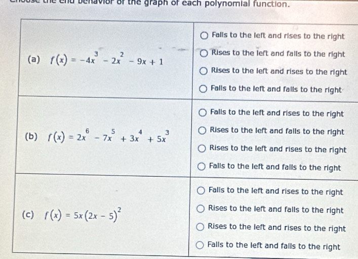 nd benavior of the graph of each polynomial function.
t
t
nd falls to the right