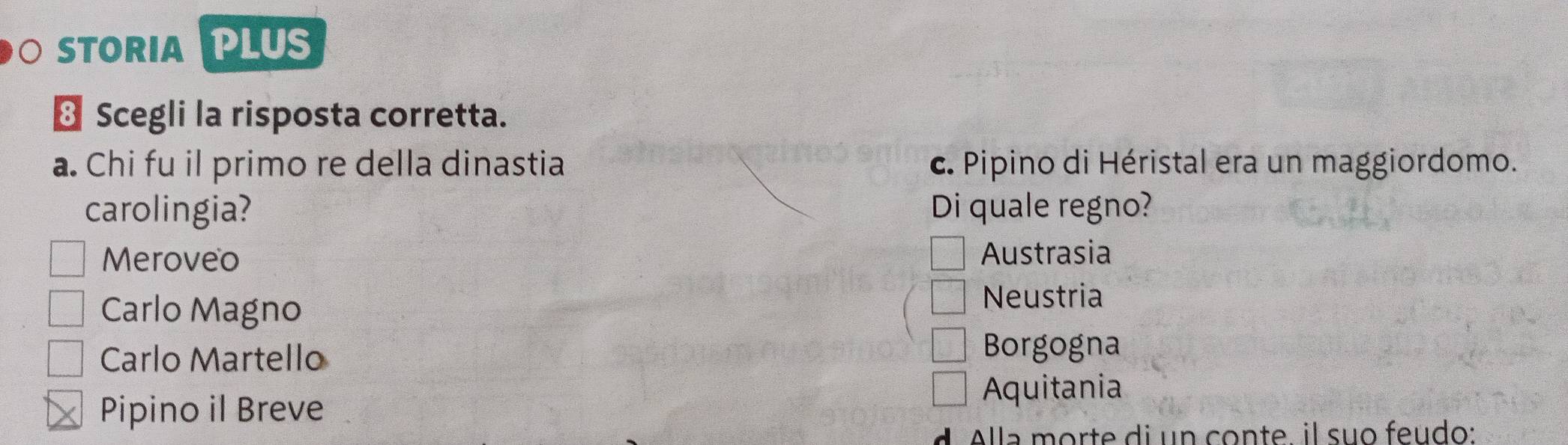 STORIA PLUS
§ Scegli la risposta corretta.
a. Chi fu il primo re della dinastia c. Pipino di Héristal era un maggiordomo.
carolingia? Di quale regno?
Meroveo Austrasia
Carlo Magno
Neustria
Carlo Martello
Borgogna
Aquitania
Pipino il Breve
Alla morte di un conte. il suo feudo: