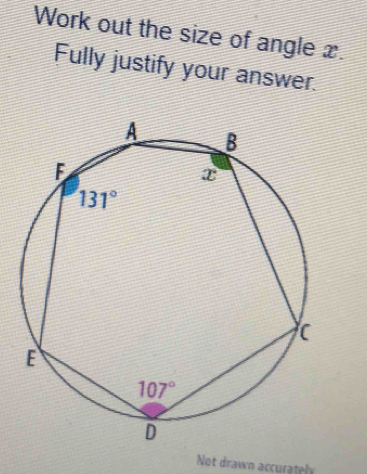 Work out the size of angle x.
Fully justify your answer.
Not drawn accurately