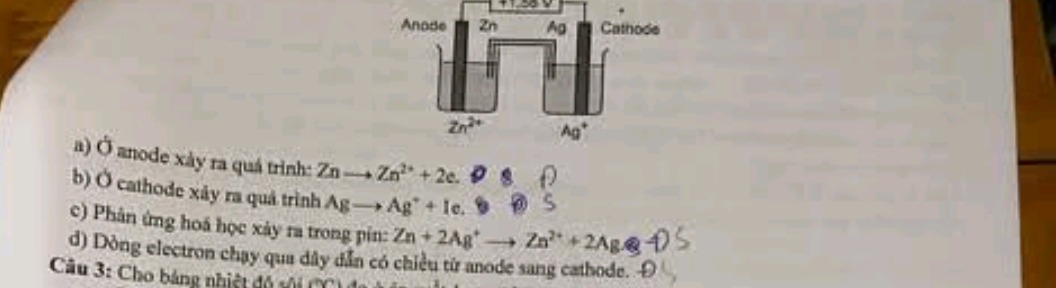 Ở anode xày ra quá trình: Znto Zn^(2+)+2e.
b) Ở cathode xây ra quá trình Agto Ag^++Ie.
c) Phân ứng hoá học xảy ra trong pín: Zn+2Ag^+to Zn^(2+)+2Ag· e-1
d) Dòng electron chay qua dây dân có chiều từ anode sang cathode. Đ
Câu 3: Cho bảng nhiệt d v