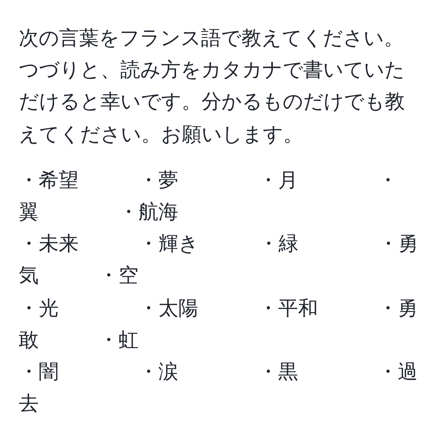 次の言葉をフランス語で教えてください。つづりと、読み方をカタカナで書いていただけると幸いです。分かるものだけでも教えてください。お願いします。

・希望　　　・夢　　　　・月　　　　・翼　　　　・航海  
・未来　　　・輝き　　　・緑　　　　・勇気　　　・空  
・光　　　　・太陽　　　・平和　　　・勇敢　　　・虹  
・闇　　　　・涙　　　　・黒　　　　・過去