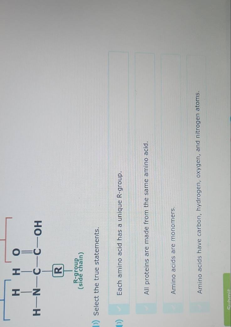 ) Select the true statements.
(1) Each amino acid has a unique R-group.
All proteins are made from the same amino acid.
Amino acids are monomers.
Amino acids have carbon, hydrogen, oxygen, and nitrogen atoms.
Submit