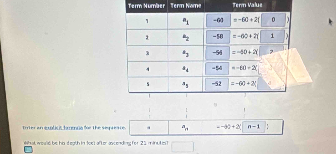 Term Number Term Name Term Value
Enter an explicit formula for the sequence. n a_n =-60+2( n-1 )
What would be his depth in feet after ascending for 21 minutes?