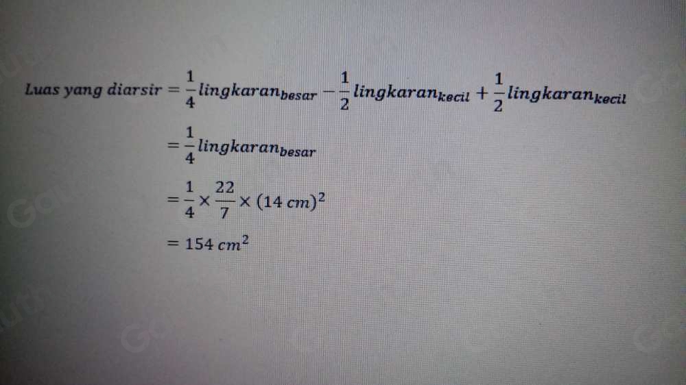 Luas yang diarsir = 1/4 lingkaran_besar- 1/2 lingkaran_kecil+ 1/2 lingkaran_kecil
= 1/4 lingkaran_besar
= 1/4 *  22/7 * (14cm)^2
=154cm^2