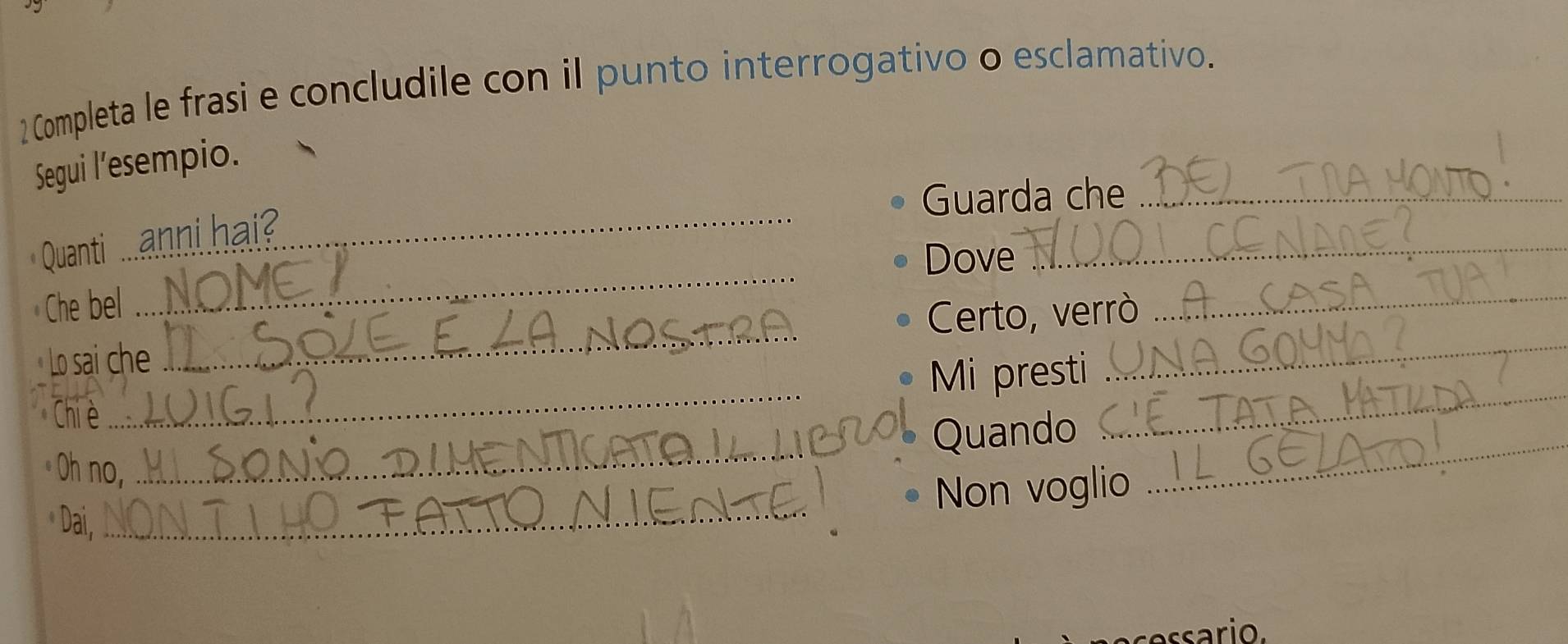 Completa le frasi e concludile con il punto interrogativo o esclamativo. 
Segui l’esempio. 
Guarda che_ 
_ 
Quanti ..ani i 
Dove_ 
Che bel 
_ 
_ 
Lo sai che _Certo, verrò 
_ 
Mi presti 
_ 
Quando 
Oh no, 
Non voglio 
_ 
Dai,_ 
assario.