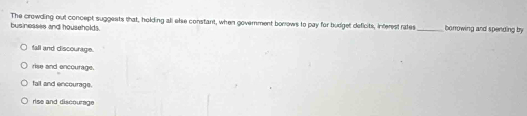 The crowding out concept suggests that, holding all else constant, when government borrows to pay for budget deficits, interest rates_ borrowing and spending by
businesses and households.
fall and discourage.
rise and encourage.
fall and encourage.
rise and discourage