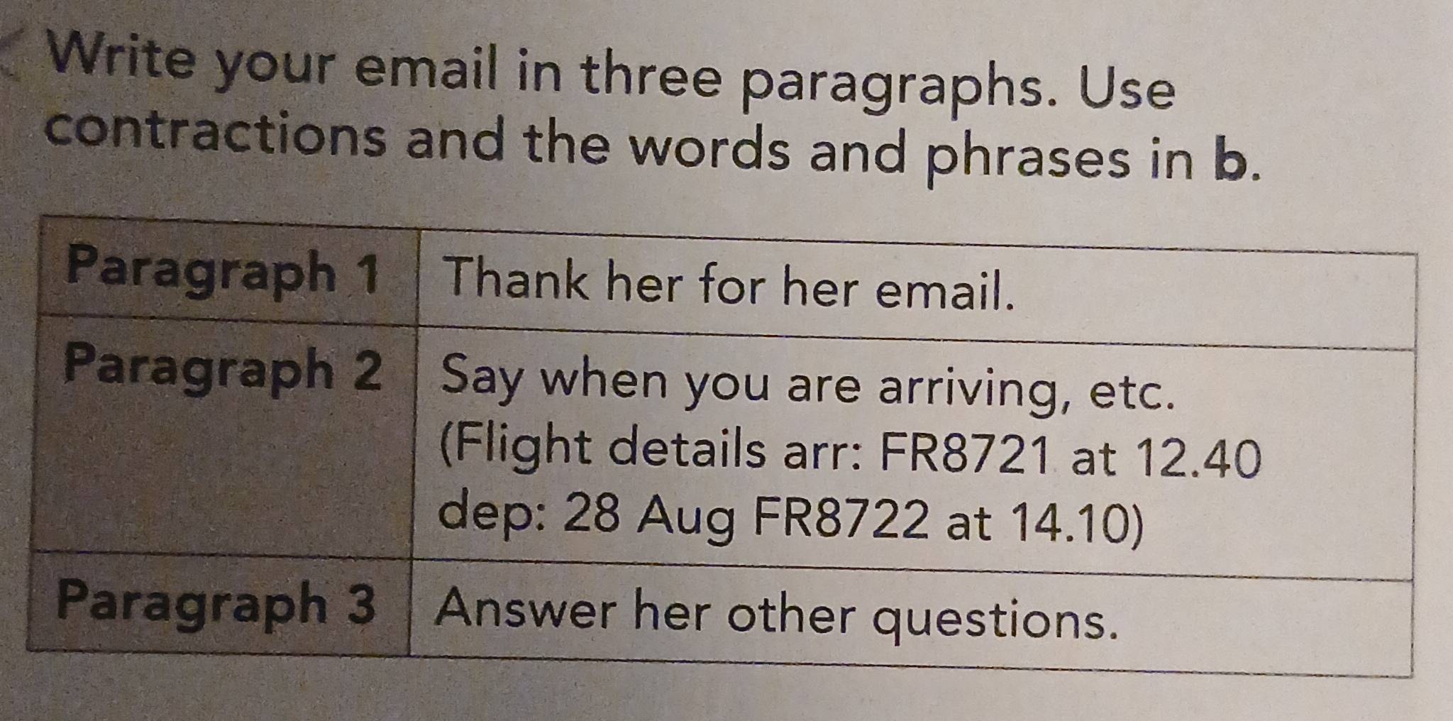 Write your email in three paragraphs. Use 
contractions and the words and phrases in b.