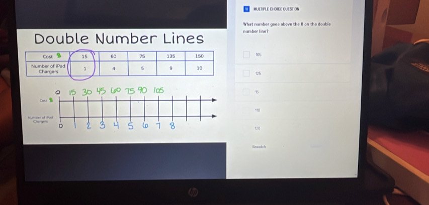 QUESTION
What number goes above the 8 on the double
Double Number Lines number line?
505
125
Cou 1
110
Number of ad
Charge's
120
Rewatch