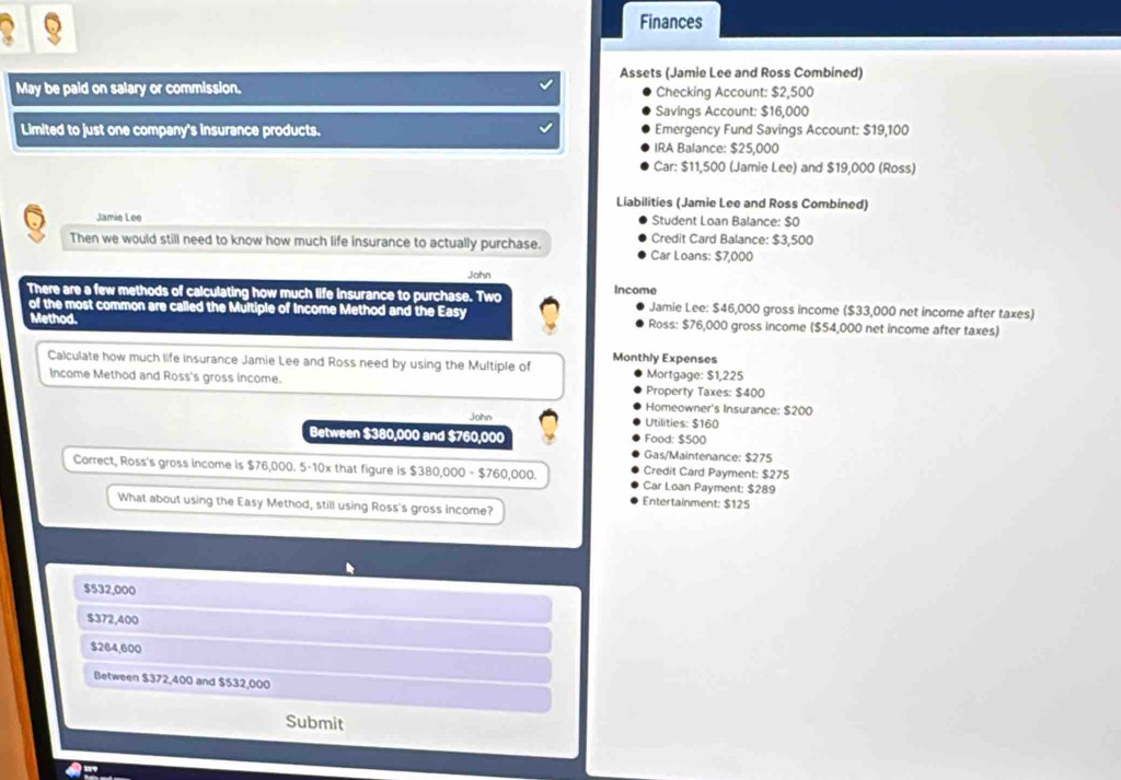 Finances
Assets (Jamie Lee and Ross Combined)
May be paid on salary or commission. Checking Account: $2,500
Savings Account: $16,000
Limited to just one company's insurance products. Emergency Fund Savings Account: $19,100
IRA Balance: $25,000
Car: $11,500 (Jamie Lee) and $19,000 (Ross)
Liabilities (Jamie Lee and Ross Combined)
a Jamie Lee Student Loan Balance: $0
Then we would still need to know how much life insurance to actually purchase. Credit Card Balance: $3,500
Car Loans: $7,000
Jahn
There are a few methods of calculating how much life insurance to purchase. Two Income Jamie Lee: $46,000 gross income ($33,000 net income after taxes)
of the most common are called the Multiple of Income Method and the Easy Ross: $76,000 gross income ($54,000 net income after taxes)
Method.
Calculate how much life insurance Jamie Lee and Ross need by using the Multiple of Monthly Expenses Mortgage: $1,225
Income Method and Ross's gross income. Property Taxes: $400
Homeowner's Insurance: $200
John Utilities: $160
Between $380,000 and $760,000 Food: $500
Gas/Maintenance: $275
Credit Card Payment: $275
Correct, Ross's gross income is $76,000. 5-10x that figure is $380,000 - $760,000. Car Loan Payment: $289
Entertainment: $125
What about using the Easy Method, still using Ross's gross income?
$532,000
$372,400
$264,600
Between $372,400 and $532,000
Submit