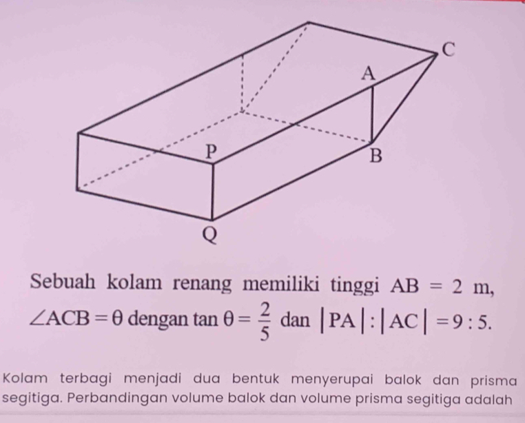 Sebuah kolam renang memiliki tinggi AB=2m,
∠ ACB=θ dengan tan θ = 2/5 dan|PA|:|AC|=9:5. 
Kolam terbagi menjadi dua bentuk menyerupai balok dan prisma 
segitiga. Perbandingan volume balok dan volume prisma segitiga adalah