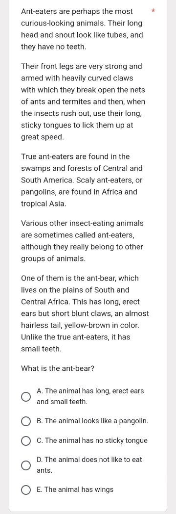Ant-eaters are perhaps the most
curious-looking animals. Their long
head and snout look like tubes, and
they have no teeth.
Their front legs are very strong and
armed with heavily curved claws
with which they break open the nets
of ants and termites and then, when
the insects rush out, use their long,
sticky tongues to lick them up at
great speed.
True ant-eaters are found in the
swamps and forests of Central and
South America. Scaly ant-eaters, or
pangolins, are found in Africa and
tropical Asia.
Various other insect-eating animals
are sometimes called ant-eaters,
although they really belong to other
groups of animals.
One of them is the ant-bear, which
lives on the plains of South and
Central Africa. This has long, erect
ears but short blunt claws, an almost
hairless tail, yellow-brown in color.
Unlike the true ant-eaters, it has
small teeth.
What is the ant-bear?
A. The animal has long, erect ears
and small teeth.
B. The animal looks like a pangolin.
C. The animal has no sticky tongue
D. The animal does not like to eat
ants.
E. The animal has wings