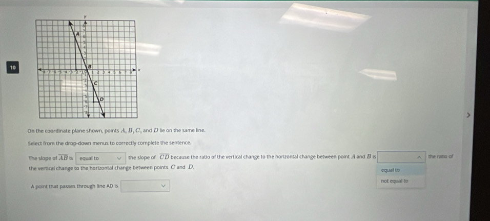 On the coordinate plane shown, points A, B, C, and D lie on the same line.
Select from the drop-down menus to correctly complete the sentence.
The slope of overline AB is equal to the slope of overline CD because the ratio of the vertical change to the horizontal change between point A and B is 1 the ratio of
the vertical change to the horizontal change between points C and D.
equal to
A point that passes through line AD is □ vee 
not equal to