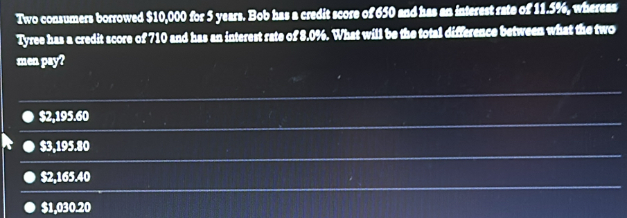 Two consumers borrowed $10,000 for 5 years. Bob has a credit score of 650 and has an interest rate of 11.5%, whereas
Tyree has a credit score of 710 and has an interest rate of 8.0%. What will be the total difference between what the two
men pay?
$2,195.60
$3,195.80
$2,165.40
$1,030.20