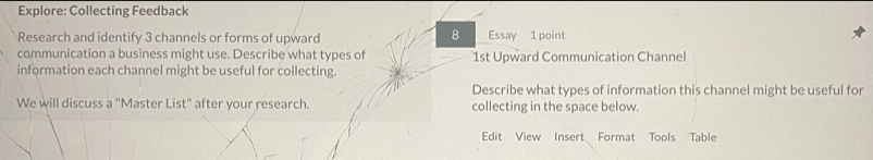Explore: Collecting Feedback 
8 
Research and identify 3 channels or forms of upward Essay 1 point 
communication a business might use. Describe what types of 1st Upward Communication Channel 
information each channel might be useful for collecting. 
Describe what types of information this channel might be useful for 
We will discuss a "Master List" after your research. collecting in the space below. 
Edit View Insert Format Tools Table